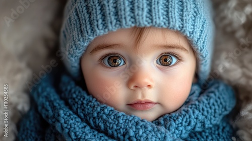 Adorable baby boy with captivating brown eyes dressed in a cozy blue knit hat and scarf gazing warmly at the camera