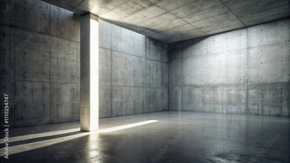 A concrete room with a beam of light illuminating the floor and a pillar in the corner