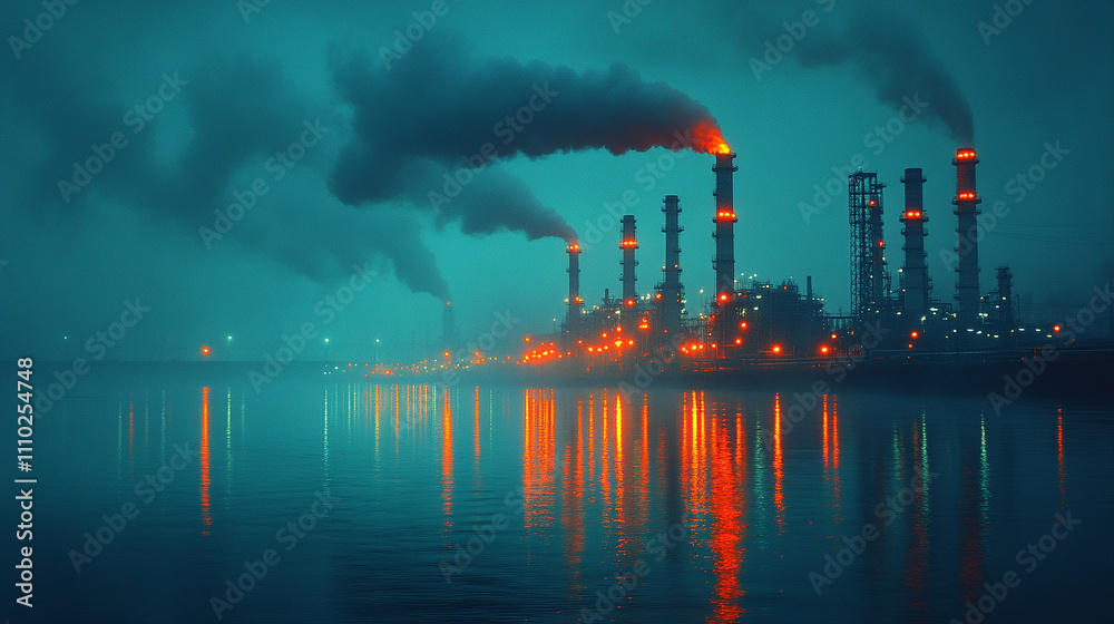 large oil refinery with towering smoke stacks and intricate pipes, symbolizing industrial power, energy production, and environmental impact, set against a dramatic, cloud-filled sky large oil refinery with towering smoke stacks and intricate pipes, symbolizing industrial power, energy production, and environmental impact, set against a dramatic, cloud-filled sky