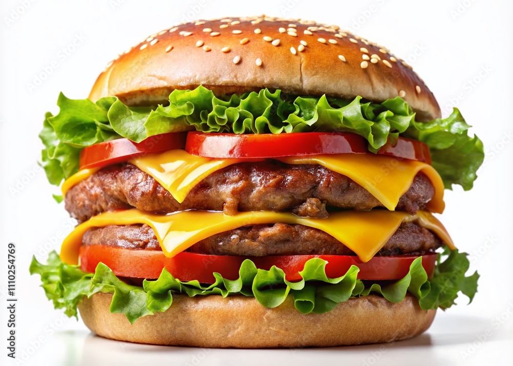Cinematic Close-Up of a Double Patty Cheese Burger Feast Featuring High-Quality Beef, Fresh Vegetables, and Melting Cheese on a White Background, Perfect for Junk Fast Food Lovers Cinematic Close-Up of a Double Patty Cheese Burger Feast Featuring High-Quality Beef, Fresh Vegetables, and Melting Cheese on a White Background, Perfect for Junk Fast Food Lovers