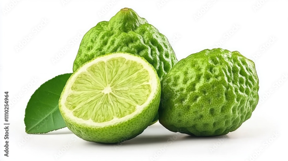 Bergamot fruit with sliced lime and green leaves showcasing natural aromas on a clean white background Bergamot fruit with sliced lime and green leaves showcasing natural aromas on a clean white background