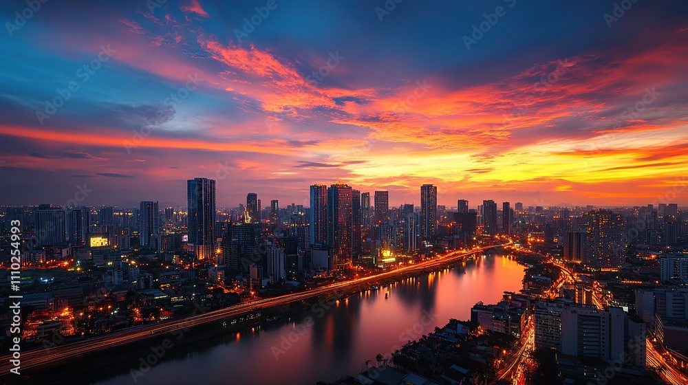 Obraz premium Vibrant sunset over a city skyline with a reflective river and illuminated buildings.