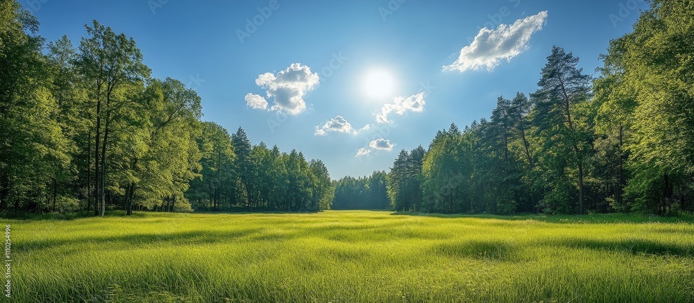 Aerial View of Serene Meadow Surrounded by Lush Green Trees under a Bright Blue Sky with Fluffy Clouds Aerial View of Serene Meadow Surrounded by Lush Green Trees under a Bright Blue Sky with Fluffy Clouds