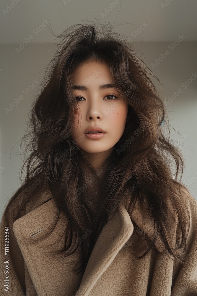 A beautiful Korean woman wearing a long coat and her hair is fluffy and naturally hanging down in front of her. A beautiful Korean woman wearing a long coat and her hair is fluffy and naturally hanging down in front of her.