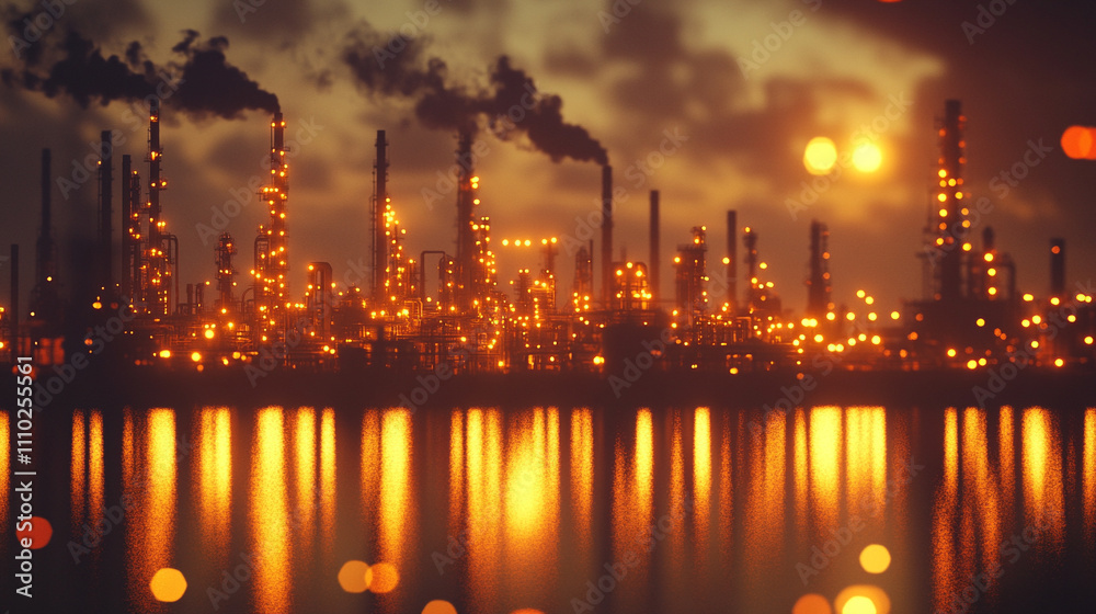 large oil refinery with towering smoke stacks and intricate pipes, symbolizing industrial power, energy production, and environmental impact, set against a dramatic, cloud-filled sky large oil refinery with towering smoke stacks and intricate pipes, symbolizing industrial power, energy production, and environmental impact, set against a dramatic, cloud-filled sky