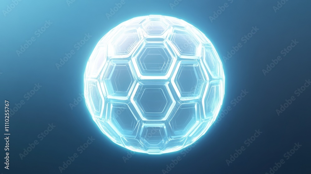 Naklejka premium 105.A futuristic vector illustration of a glowing protection sphere, designed with a hexagonal grid pattern across its transparent surface. The blue background highlights the energy field-like