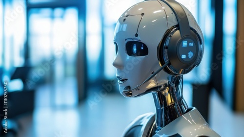 A white humanoid robot wearing a headset and looking to the right, with a blurred office environment in the background.