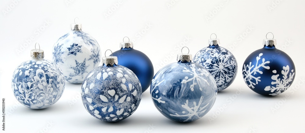 Blue Christmas ornaments adorned with snowflakes arranged artistically on a minimalist white background for festive seasonal decor. Blue Christmas ornaments adorned with snowflakes arranged artistically on a minimalist white background for festive seasonal decor.