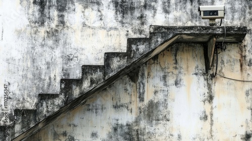 Wooden stairs against a weathered outdoor wall with a CCTV camera overlooking the scene for security and surveillance purposes