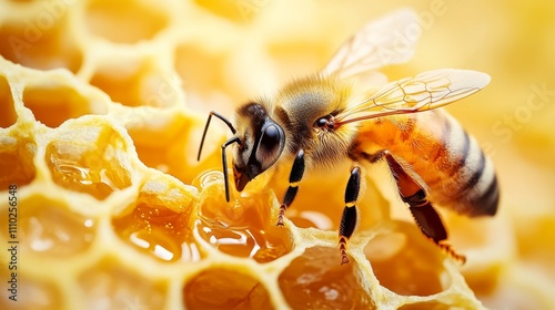 17.Vector illustration of a bee, hovering near a honeycomb, with clean, defined lines capturing the intricate details of both the bee body and the honeycomb structure, combined with a drop of honey.