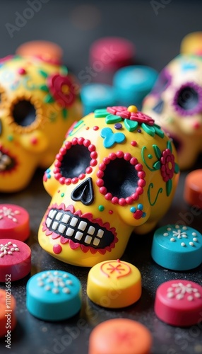 Colorful Day of the Dead Sugar Skull Candies and Decorations.