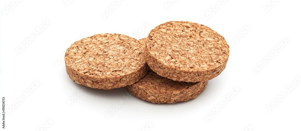 Natural cork discs stacked on a white background ideal for eco-friendly product designs or sustainable packaging concepts. Natural cork discs stacked on a white background ideal for eco-friendly product designs or sustainable packaging concepts.