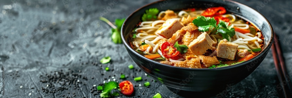 Vietnamese Pho Ga Soup, Japanese Miso Soup with Tofu Cubes, Poultry Meat. Traditional Asian Soup Vietnamese Pho Ga Soup, Japanese Miso Soup with Tofu Cubes, Poultry Meat. Traditional Asian Soup