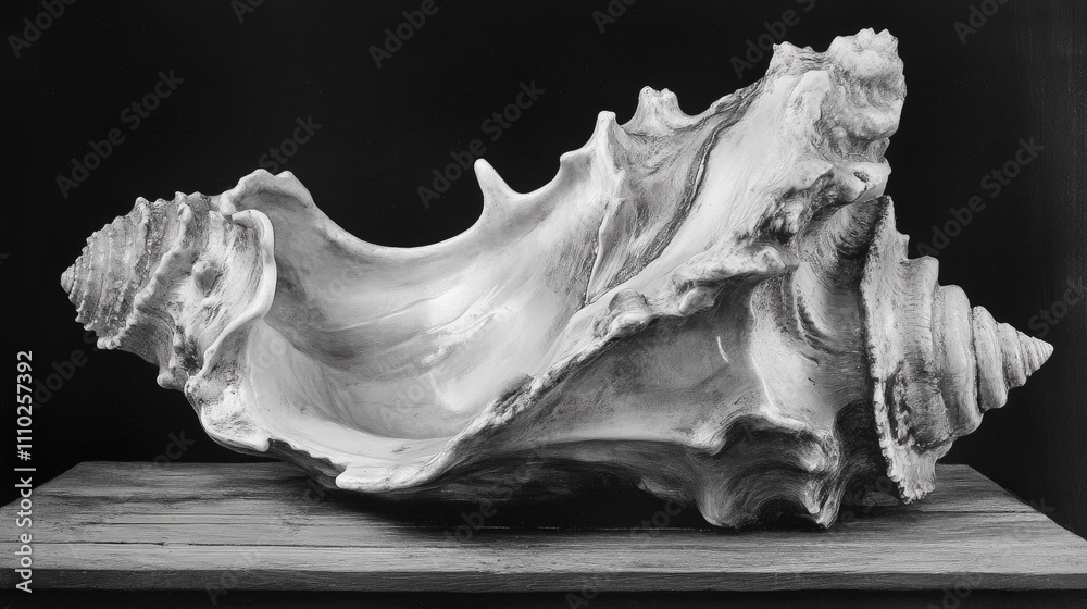 Monochrome photograph of a large conch shell elegantly displayed on a wooden surface emphasizing its intricate textures and details. Monochrome photograph of a large conch shell elegantly displayed on a wooden surface emphasizing its intricate textures and details.