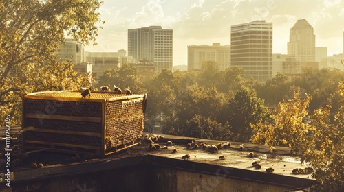 72.A rooftop beehive in McLean, Virginia, with bees actively tending to the honeycomb, the honey glistening in the sunlight. The honeycombâ€™s golden tones contrast with the modern urban architecture photo