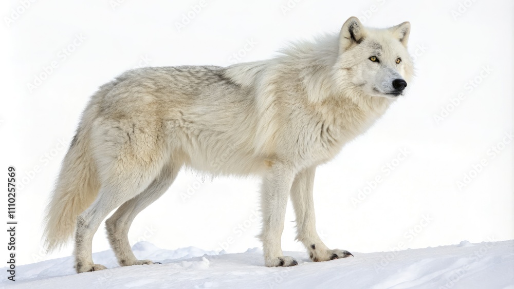 Naklejka premium Arctic Wolf Isolated on White Background - Majestic Wildlife Photography for Nature Lovers and Animal Enthusiasts