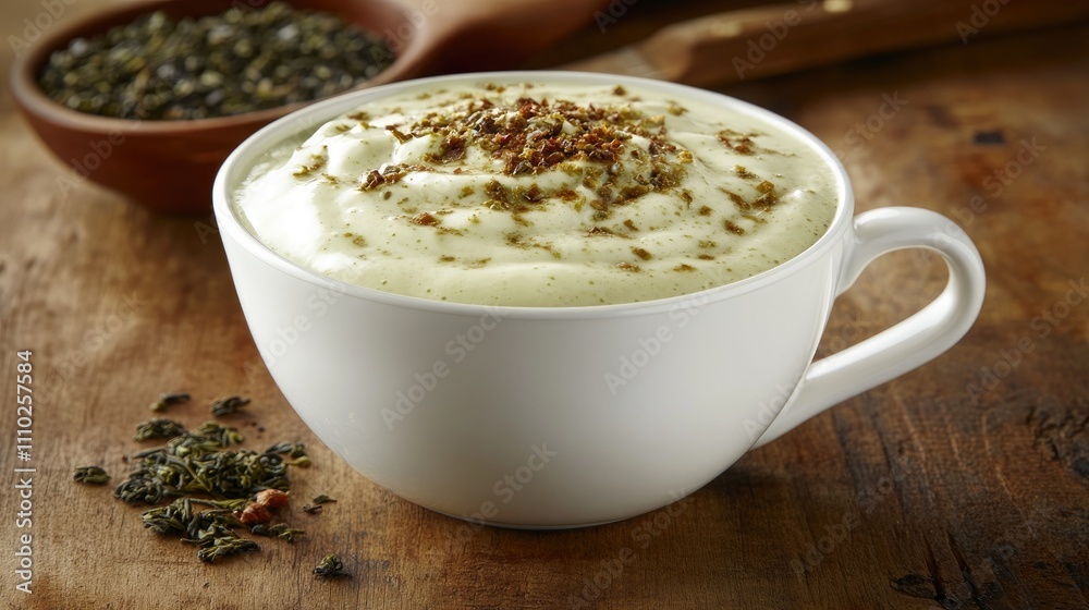 Delicious green tea latte in a white cup with toppings on a rustic wooden table showcasing a cozy beverage scene Delicious green tea latte in a white cup with toppings on a rustic wooden table showcasing a cozy beverage scene