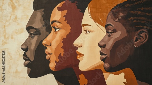 An evocative portrayal of racial equality with a mural showing faces of different ethnic backgrounds merging into one, symbolizing shared identity and respect, minimalist composition