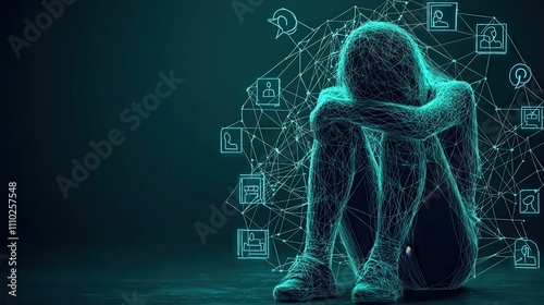 Lonely youth engulfed by social media icons, illustrating cyberbullying's impact on mental health and self-esteem. 