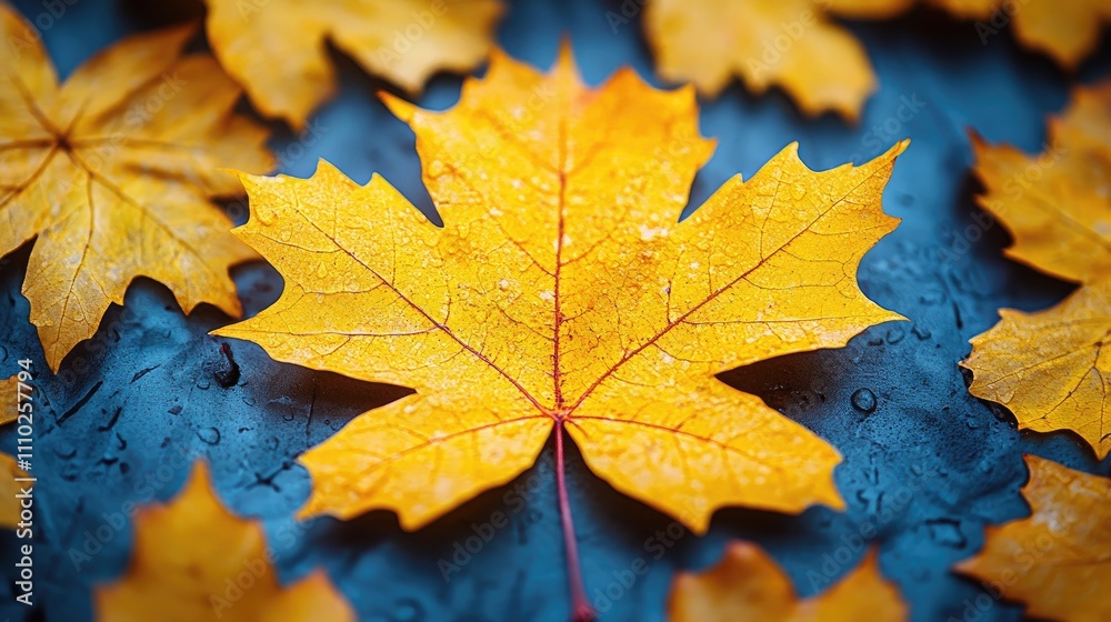 Vibrant yellow maple leaf on a textured surface surrounded by autumn leaves with raindrops enhancing its natural beauty and color richness Vibrant yellow maple leaf on a textured surface surrounded by autumn leaves with raindrops enhancing its natural beauty and color richness