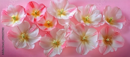 Elegant arrangement of pink and white tulip flowers on a soft pink background creating a serene and beautiful flat lay composition