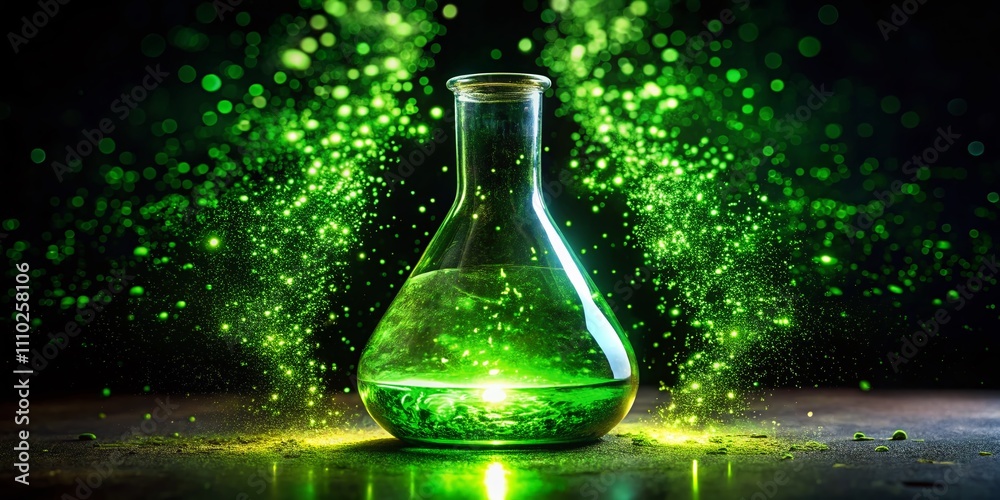 Closeup of a Glass Flask with Green Liquid and Glowing Particles in Silhouette Photography, Capturing Enigmatic Chemistry and Mysterious Alchemy Effects in an Abstract Style Closeup of a Glass Flask with Green Liquid and Glowing Particles in Silhouette Photography, Capturing Enigmatic Chemistry and Mysterious Alchemy Effects in an Abstract Style