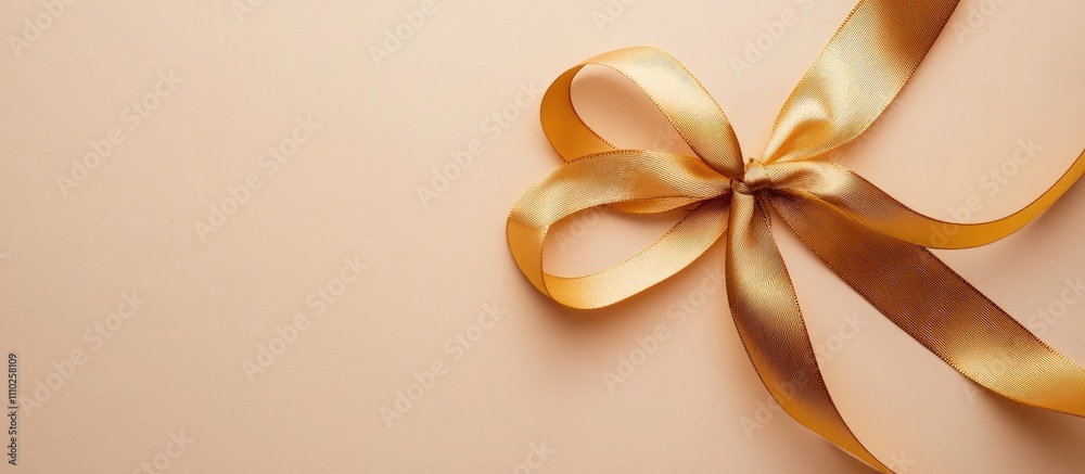 Elegant gold ribbon arranged beautifully on soft peach background for festive occasions and gift-wrapping concepts. Elegant gold ribbon arranged beautifully on soft peach background for festive occasions and gift-wrapping concepts.