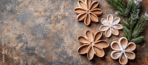 Christmas baking scene with decorative cookie cutters on rustic stone background featuring shadows and space for text overlay photo