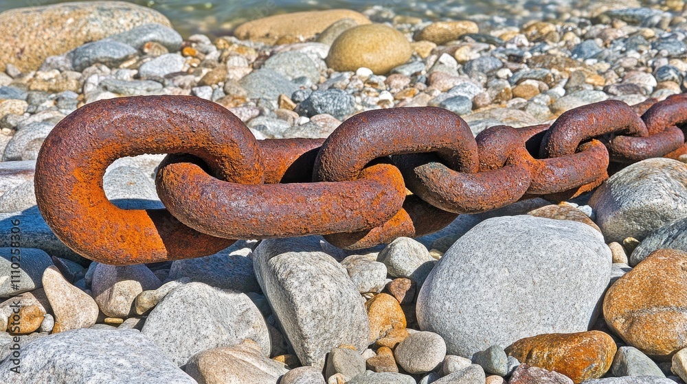 Rusty iron chain lying among smooth pebbles on a rocky shoreline with shallow water creating a tranquil natural setting. Rusty iron chain lying among smooth pebbles on a rocky shoreline with shallow water creating a tranquil natural setting.