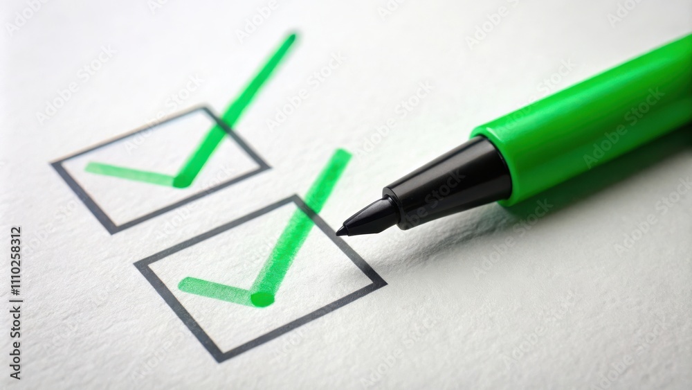 Green checkmarks on a white paper document with a green marker lying next to them Green checkmarks on a white paper document with a green marker lying next to them