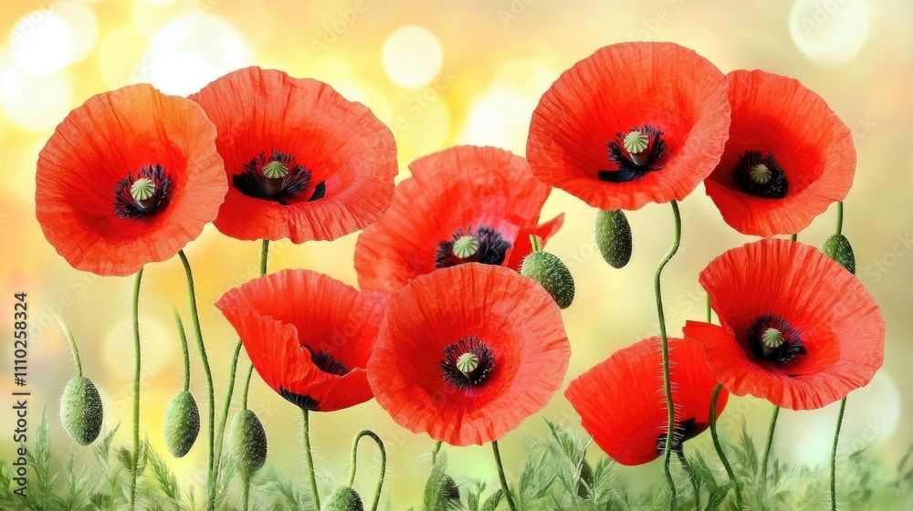 Obraz premium Vibrant red poppy flowers blossoming in a sunlit field during golden hour showcasing nature's beauty and tranquility