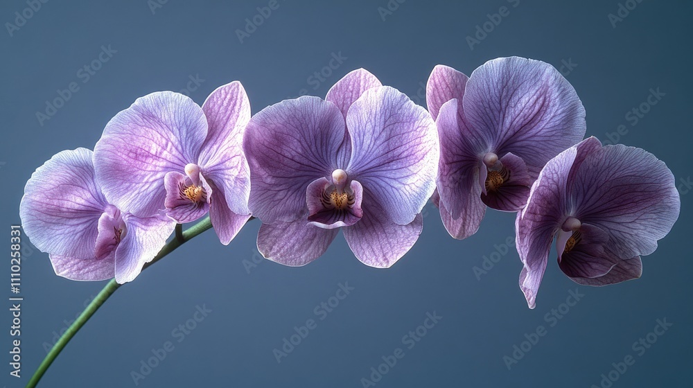 Fototapeta premium Elegant close-up of white and purple orchid blossoms with delicate petals against a soft gray background showcasing natural beauty and grace.