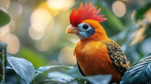 Vibrant red jungle fowl perched amid lush green foliage, featuring striking orange plumage and distinct crown, wildlife, nature, tropical environment, colorful bird. photo