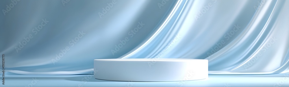 Fototapeta premium Glossy white podium with soft shadows, placed against a soft baby blue backdrop, providing a large area for product showcasing.