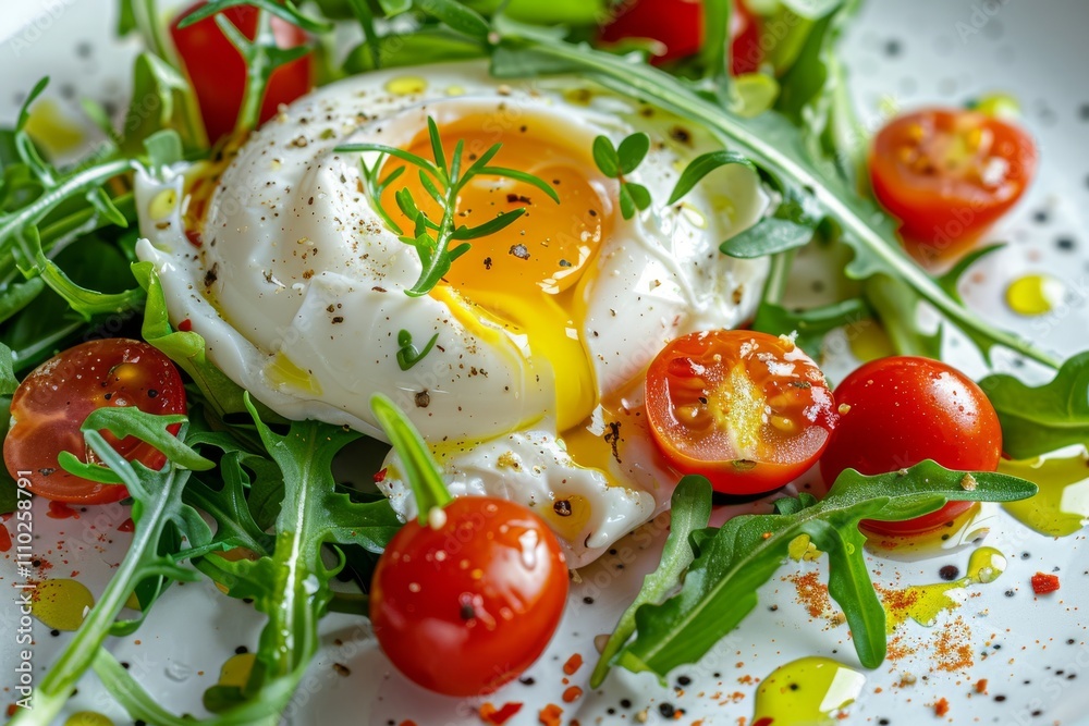 Salad with poached egg, sweet bell pepper, lettuce and cherry tomatoes. Restaurant starter menu Salad with poached egg, sweet bell pepper, lettuce and cherry tomatoes. Restaurant starter menu