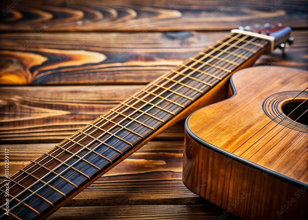 Fototapeta premium Close-Up of an Old Acoustic Guitar Fretboard with Blurred Sound Hole and Strings, Perfect for Music Concept Imagery and Artistic Backgrounds, Displaying Rich Wood Textures and Detail
