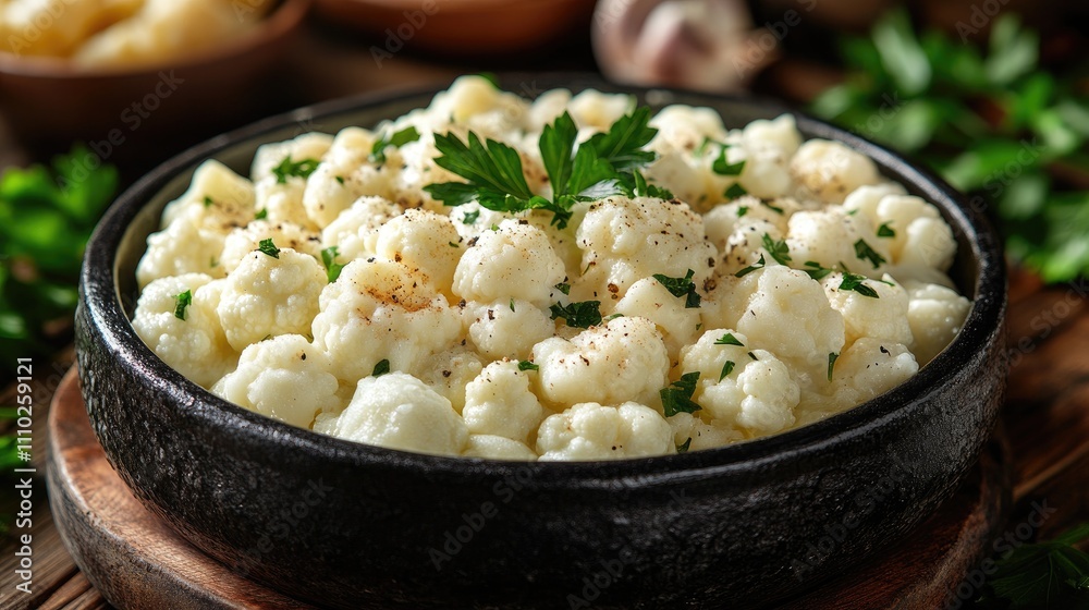 Cauliflower dish garnished with herbs in a rustic black bowl on a wooden table setting Cauliflower dish garnished with herbs in a rustic black bowl on a wooden table setting