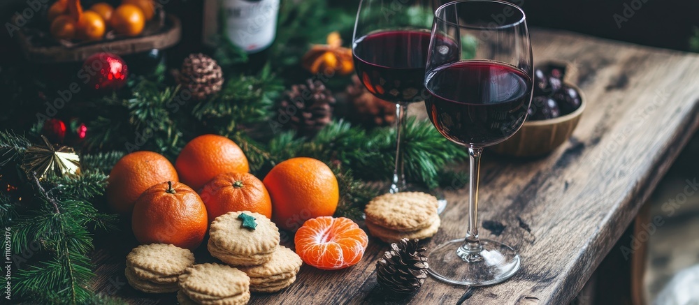 Fototapeta premium Christmas setting with biscuits red wine tangerines pinecones and festive decorations on a rustic wooden table background