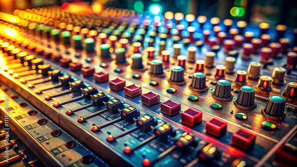 Obraz premium Close-Up of an Old Retro Mixing Console with Tilt-Shift Photography for Unique Depth and Detail – Capturing the Essence of Vintage Audio Equipment