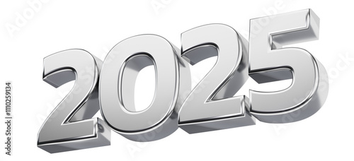 2025 silver numbers. Metallic numbers 3D rendering. New Year symbol.