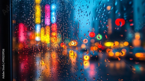 Raindrops on a window display vibrant city lights during a rainy evening photo