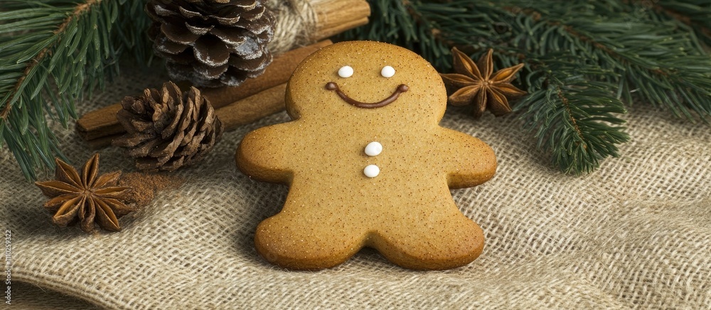 Gingerbread cookie on burlap with cinnamon star anise and fir branches creating a cozy festive ambiance for holiday season celebrations. Gingerbread cookie on burlap with cinnamon star anise and fir branches creating a cozy festive ambiance for holiday season celebrations.