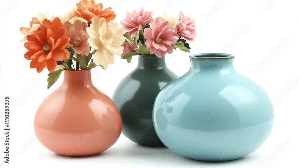 Vibrant artificial flowers in colorful vases arranged elegantly on a clean white background for decorative purposes Vibrant artificial flowers in colorful vases arranged elegantly on a clean white background for decorative purposes