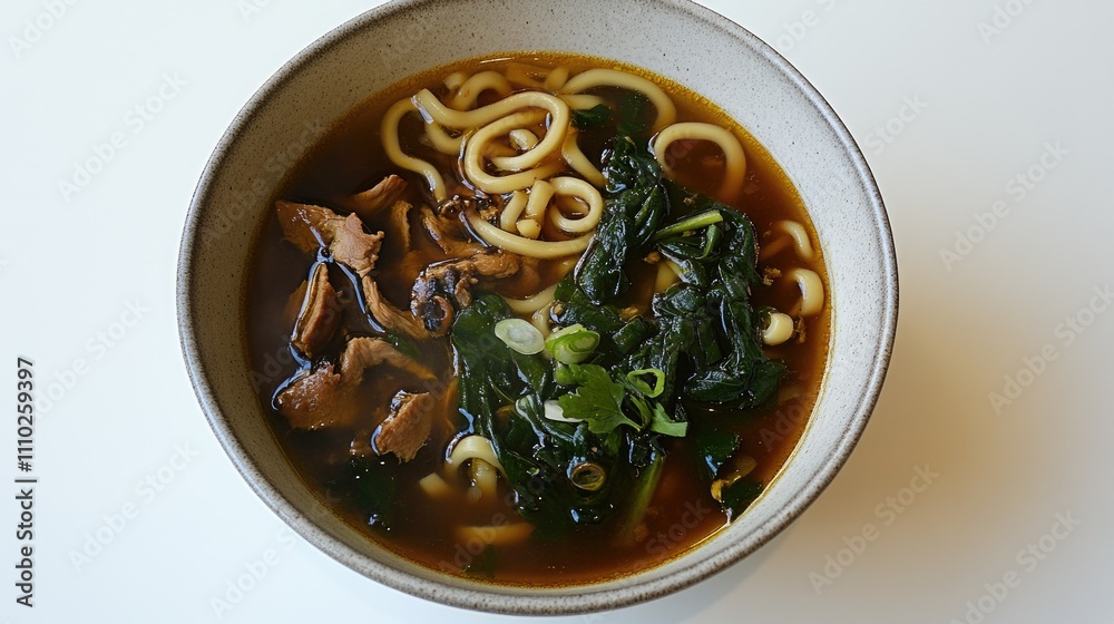 Delicious bowl of chicken soup with hearty noodles mushrooms and fresh greens in a rustic bowl on a white background Delicious bowl of chicken soup with hearty noodles mushrooms and fresh greens in a rustic bowl on a white background