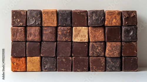 Variety of chocolate bars stacked in a neat arrangement on a clean white background showcasing different textures and colors photo