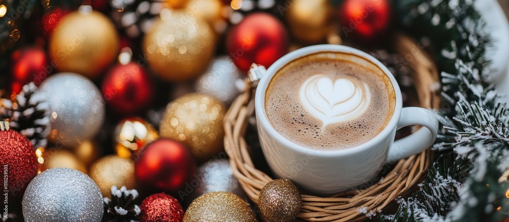 Cozy Christmas scene with decorative baubles and a heart-shaped coffee latte in a woven basket surrounded by festive foliage Cozy Christmas scene with decorative baubles and a heart-shaped coffee latte in a woven basket surrounded by festive foliage