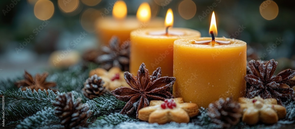 Festive Advent candles surrounded by aromatic cookies and pine cones creating a cozy holiday atmosphere. Festive Advent candles surrounded by aromatic cookies and pine cones creating a cozy holiday atmosphere.