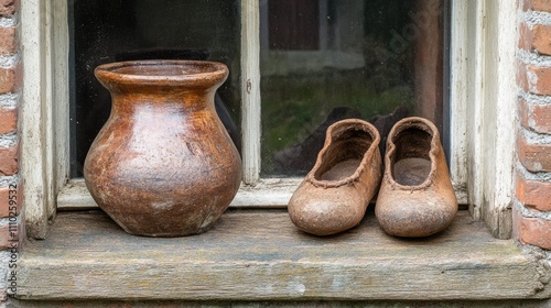 Traditional Dutch wooden shoes and a pottery jug displayed on a rustic windowsill in Orvelte showcasing cultural heritage. photo