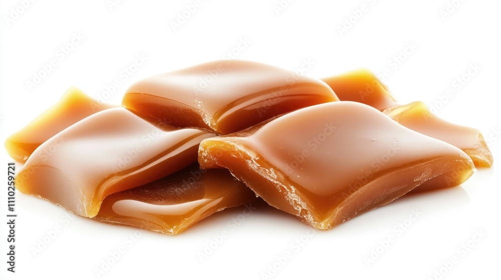 Melted caramel candies arranged on a bright white background showcasing their glossy texture and rich color Melted caramel candies arranged on a bright white background showcasing their glossy texture and rich color