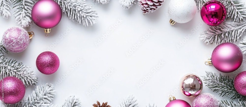 Festive Christmas frame with pink ornaments and snowy pine branches for customizable text on a light background Festive Christmas frame with pink ornaments and snowy pine branches for customizable text on a light background
